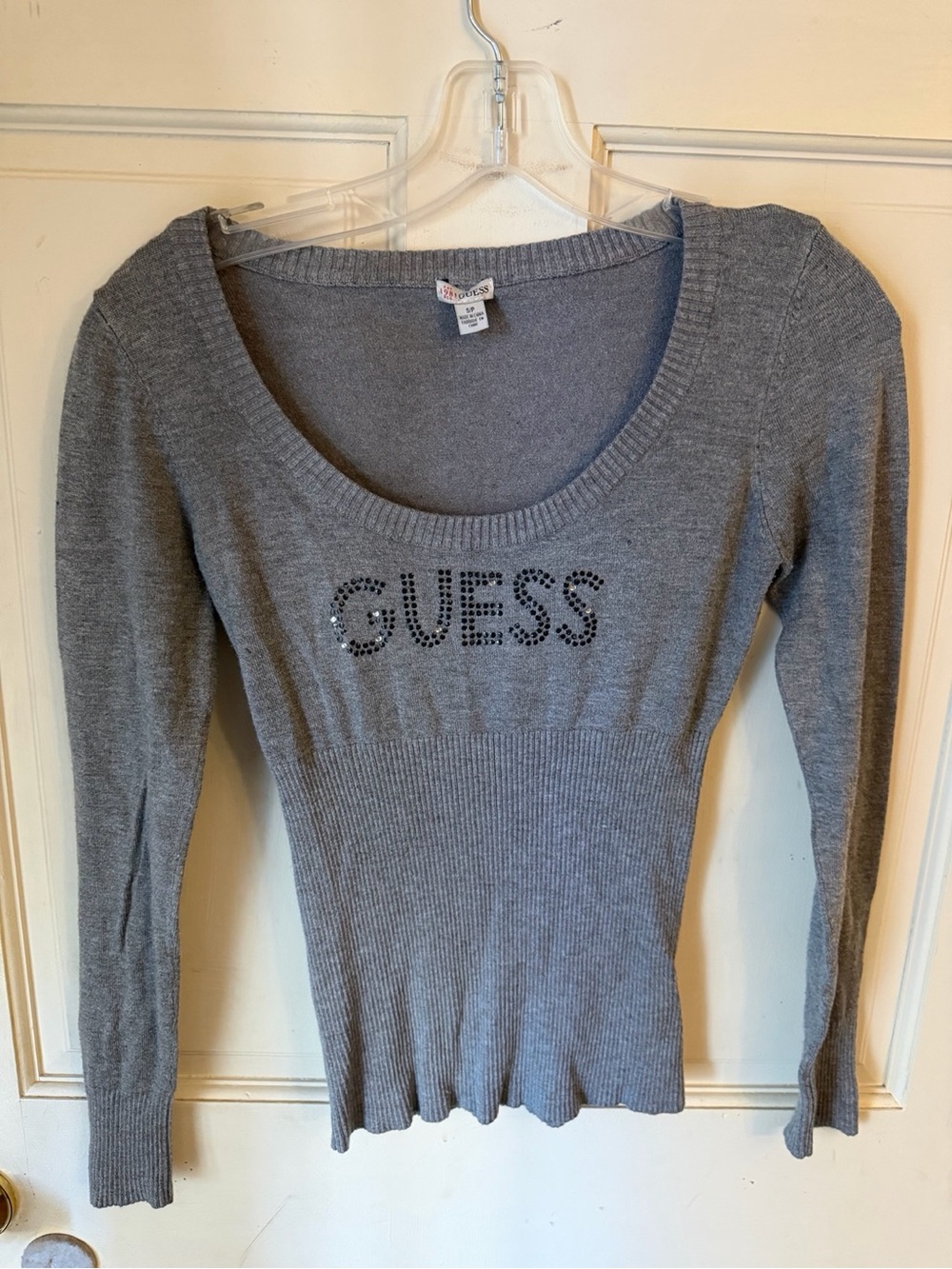 GUESS Gray Scoop-Neck Ribbed Knit Top with Logo Studs